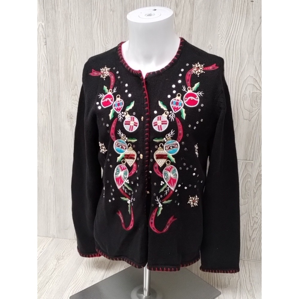 Crystal-Kobe Christmas Sweater Womens MEDIUM Black Snowmen Button Up Beads‎
